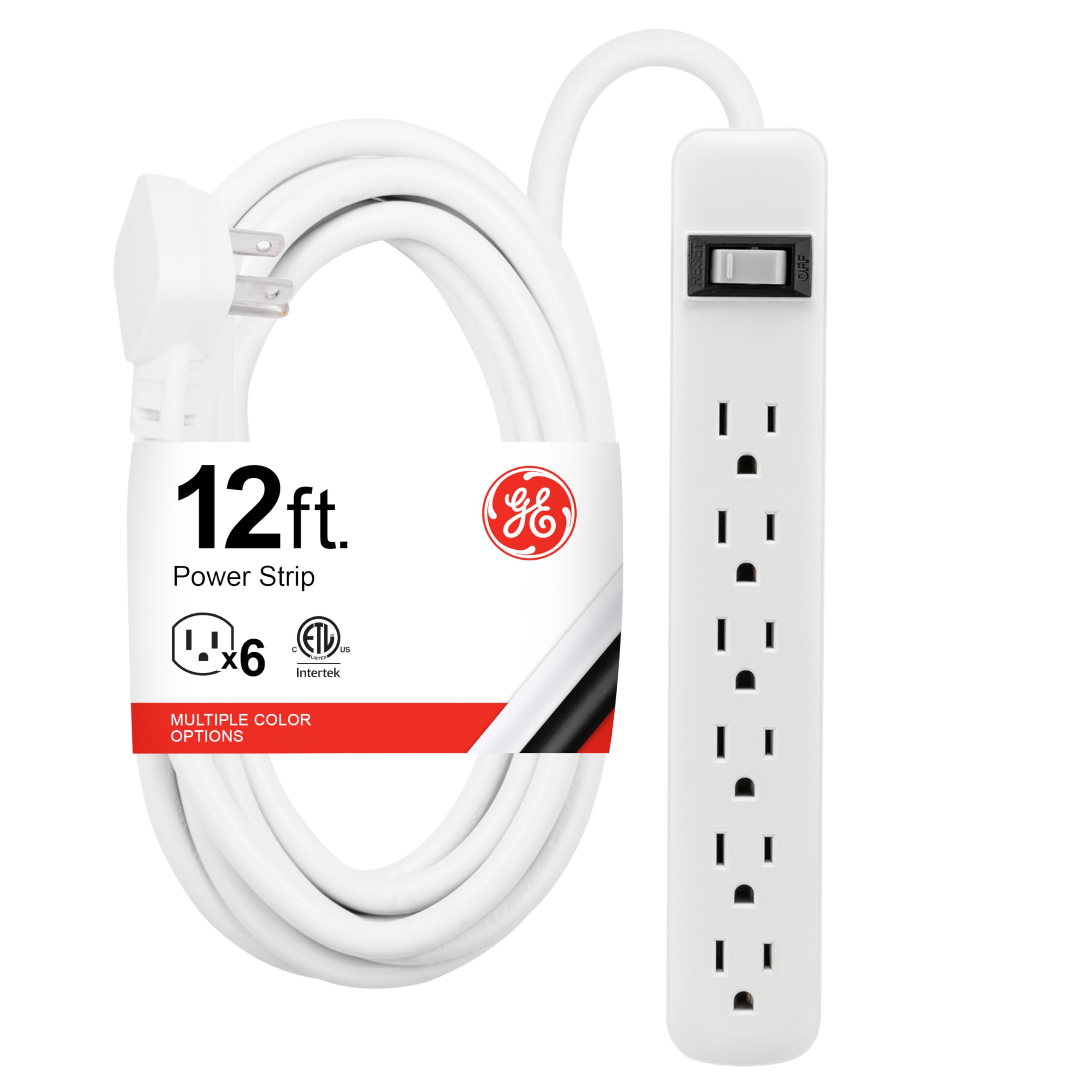 GE 6-Outlet Power Strip, 12 Ft Extension Cord, Flat Plug, Grounded, Integrated Circuit Breaker, 3-Prong, Wall Mount, ETL Listed, White, 45195