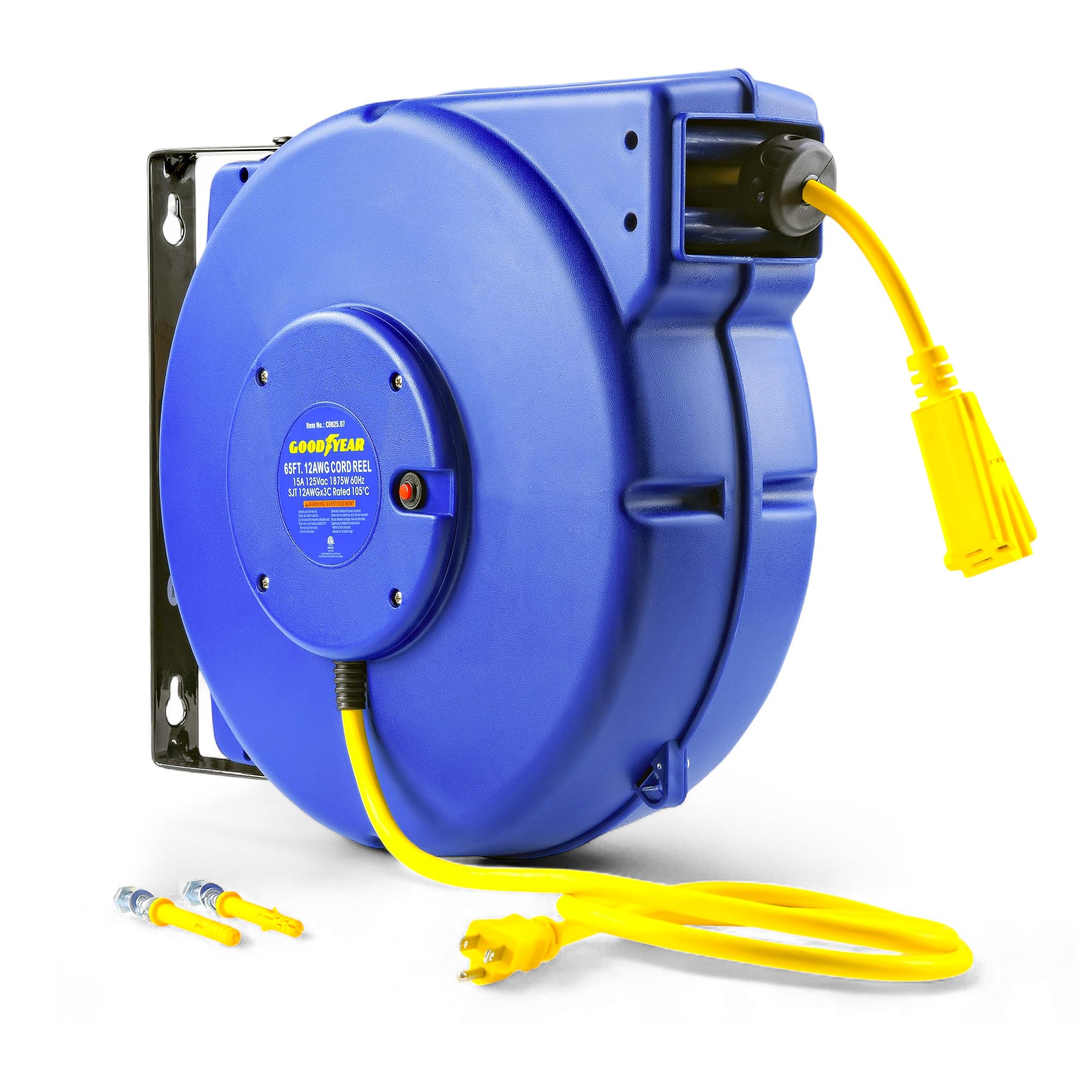 Goodyear Retractable Extension Cord Reel – Heavy-Duty Commercial Cable with Triple Tap Connector, Auto-Rewind & Wall/Ceiling Mountable (Enclosed, 12AWG x 65 ft)