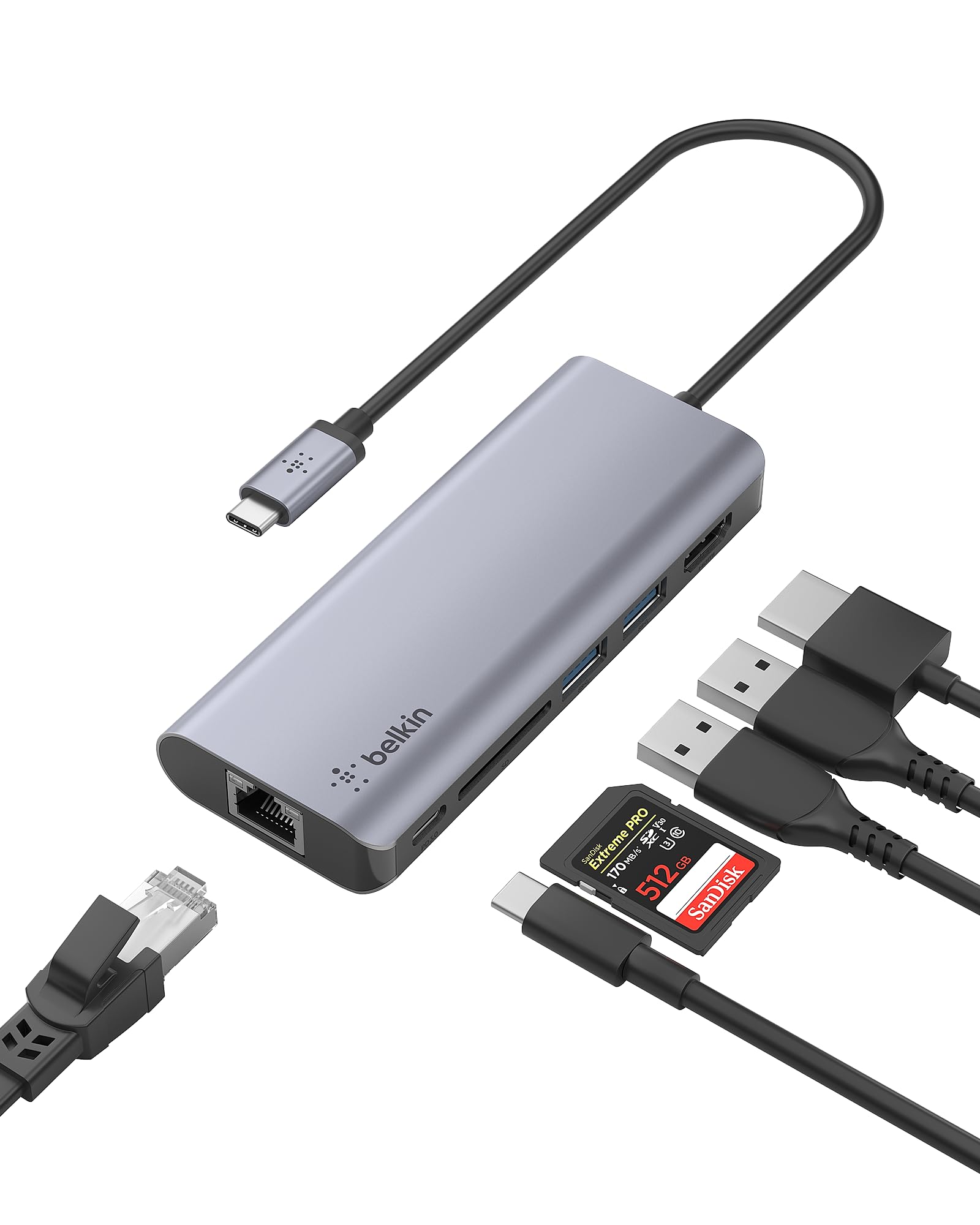 Belkin USB C Hub, 6-in-1 MultiPort Adapter Dock with 4K HDMI, USB-C 100W PD Pass-Through Charging, 2 x USB A, Gigabit Ethernet Ports and SD Slot for MacBook Pro, Air, iPad Pro, XPS and More