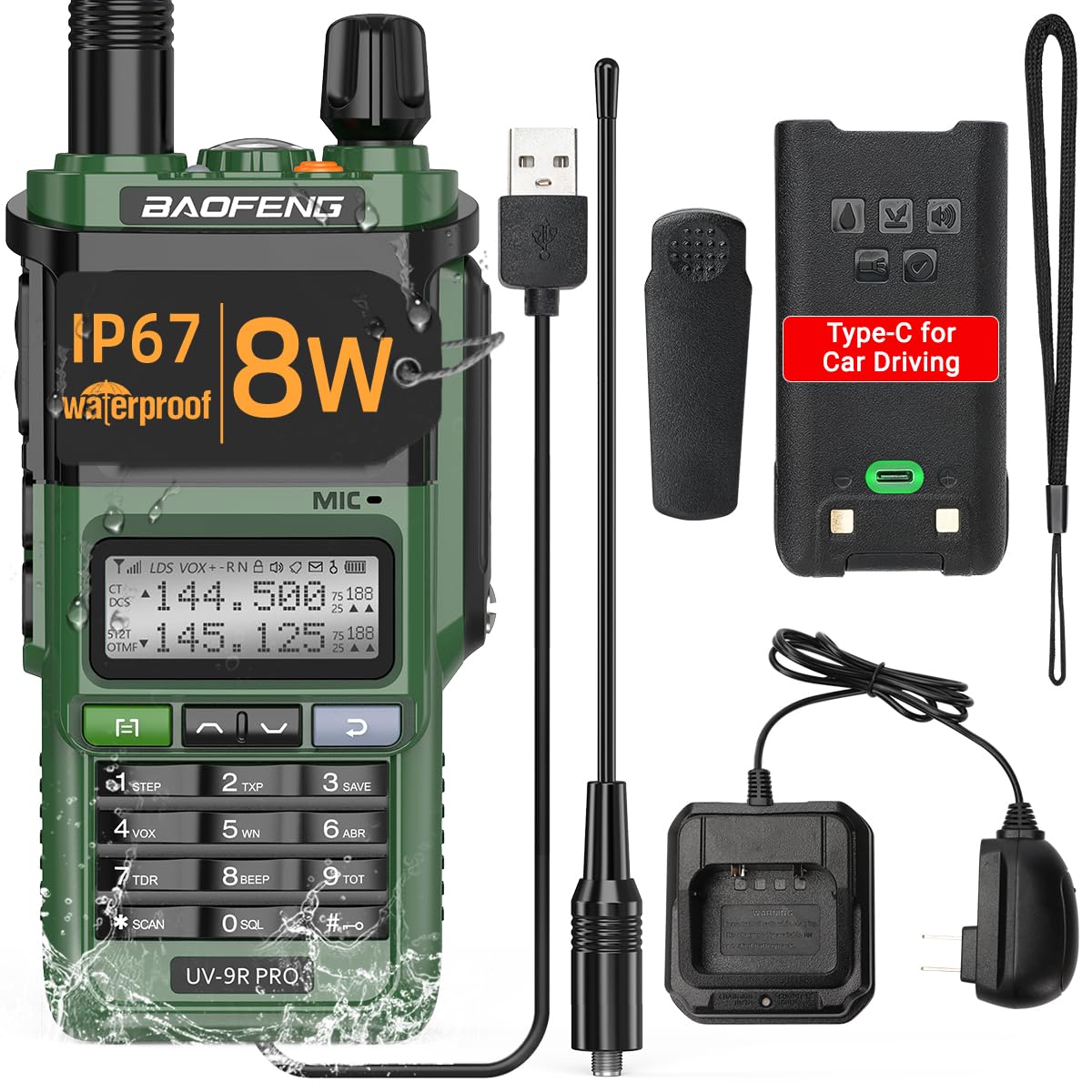 Ham Radio Baofeng UV-9R Pro 8W Long Range VHF UHF Dual Band Tri- Power Waterproof Rechargeable Handheld Two-Way Radio Walkie Talkies with Type-C Charging Cable for Camping Hunting Survival Gear