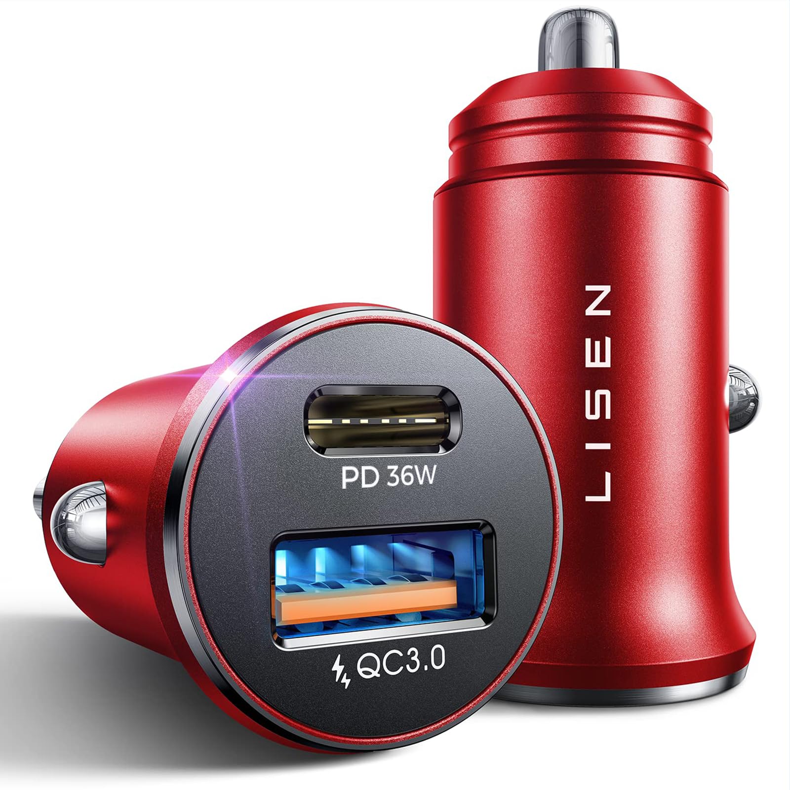 LISEN 2-Pack USB C Car Charger Adapter Fast Charge, 48W All Metal Cigarette Lighter USB Charger for iPhone 15 Smallest Flush Car Charger USB C for iPhone 14 Pro Max 13 12 Galaxy S23/22 iPad Pro-Red