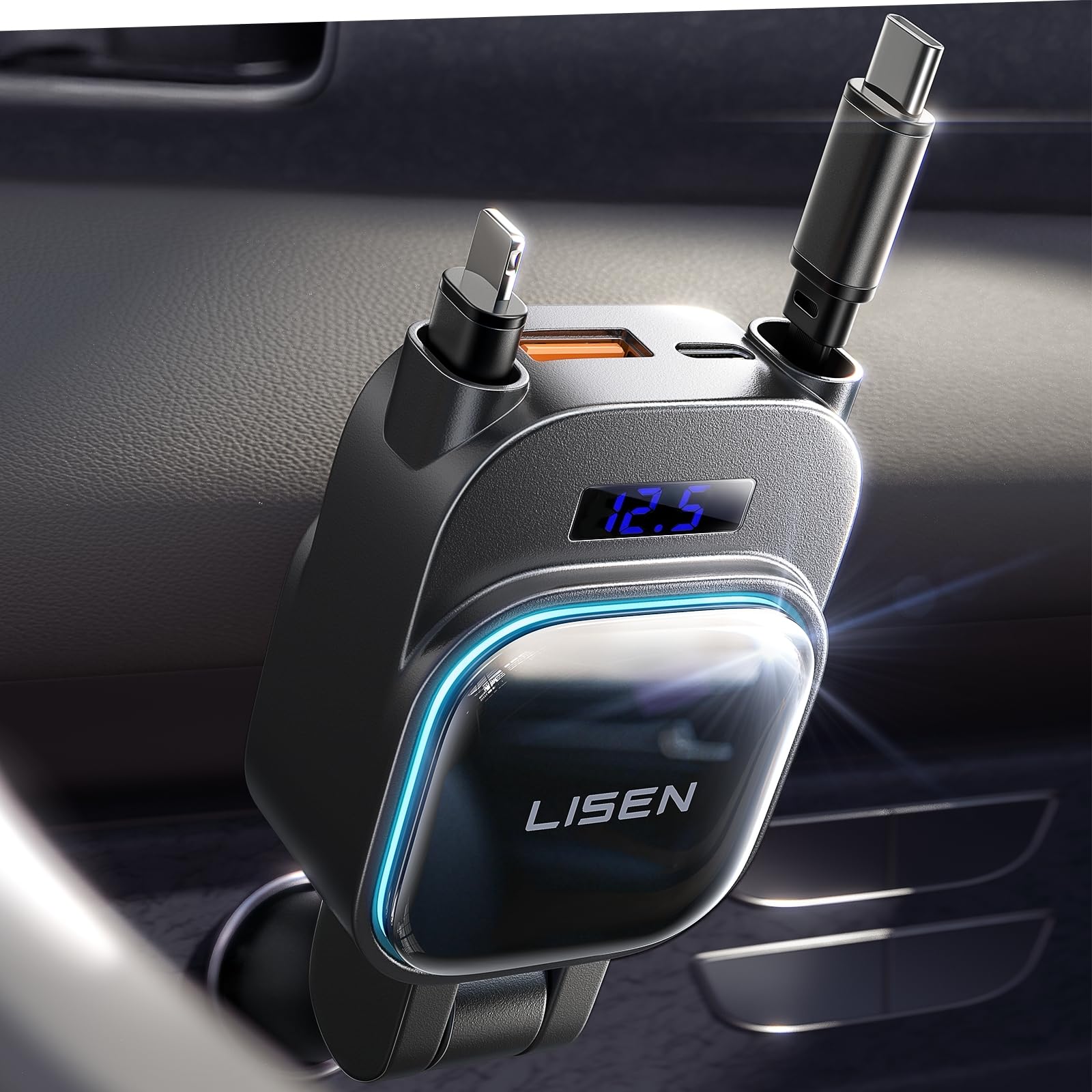 LISEN 96W Retractable Car Charger[USB C Cable & L Cable], 4 in 1 Fast Charging Retractable Car Charger with Voltage Detection & Ambient Lighting for iPhone Samsung Galaxy S25 S24 Pixel 10 Pro