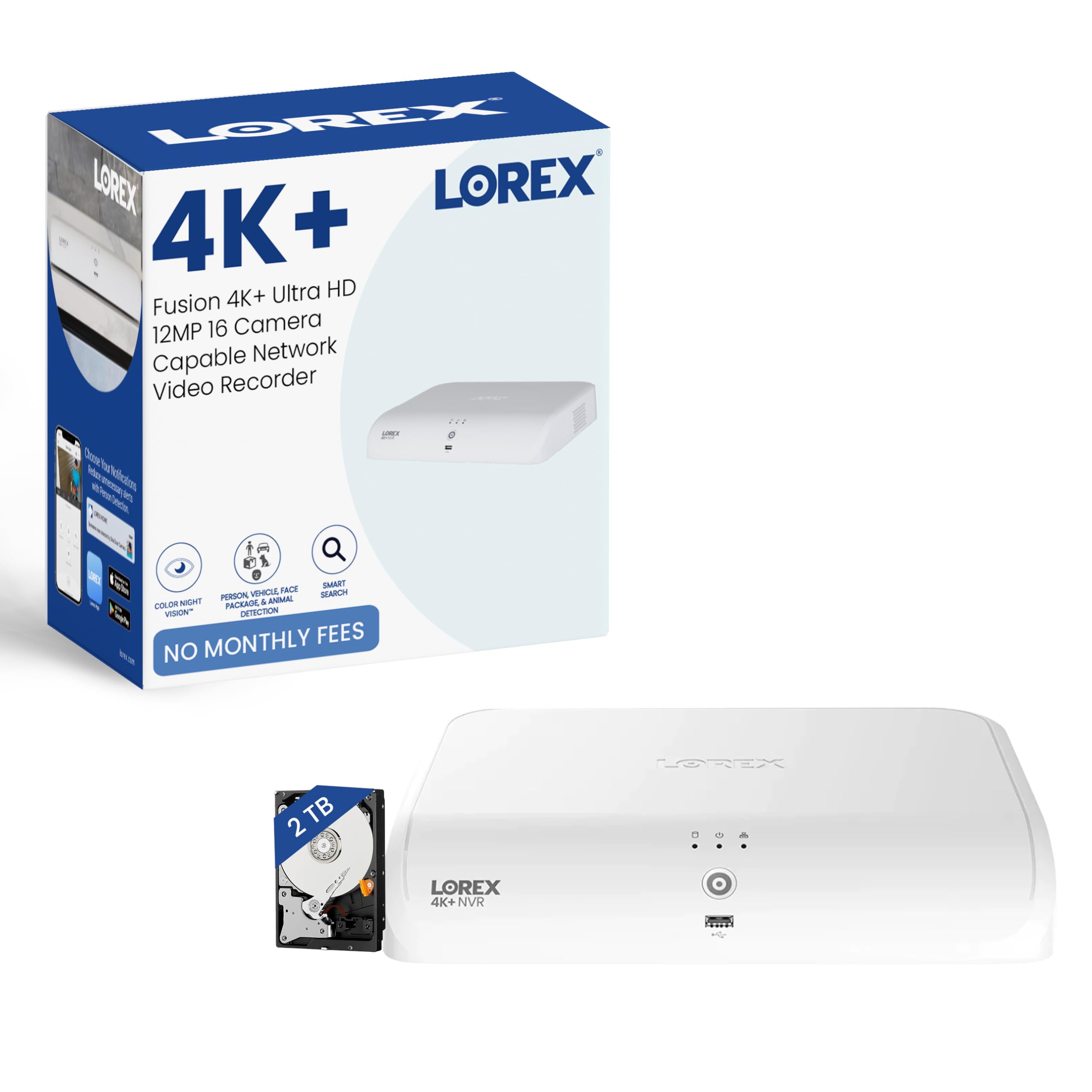 Lorex 4K+ 12MP Fusion 16-Channel (8 Wired + 8 Wi-Fi) 2TB NVR with Matter and No Monthly Fees