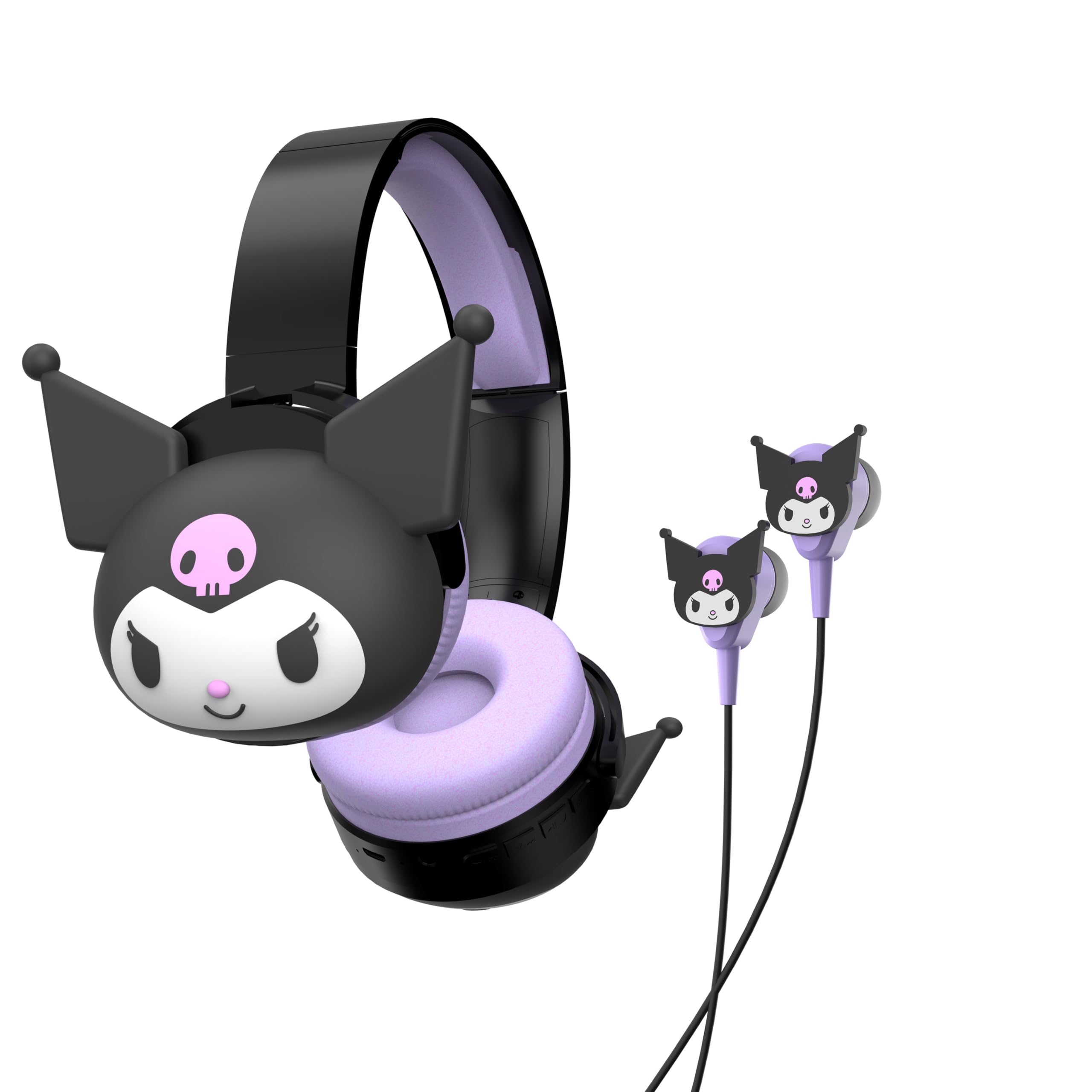 Hello Kitty 2-in-1 Wireless Bluetooth Headphones with Wired Earbuds – Foldable Over-Ear Headset with Built-in Mic, AUX Cable, Adjustable Headband, and Onboard Controls – Kuromi