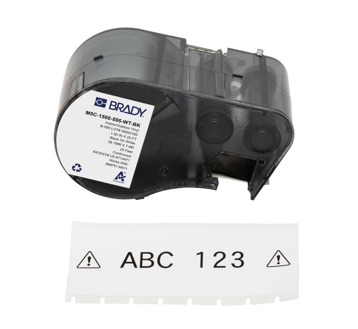 Brady Authentic (M5C-1500-595-WT-BK) All-Weather Vinyl Labels 1.5 in W x 25ft Black on White. for use with BMP51, M510, and M511 Label Printers.