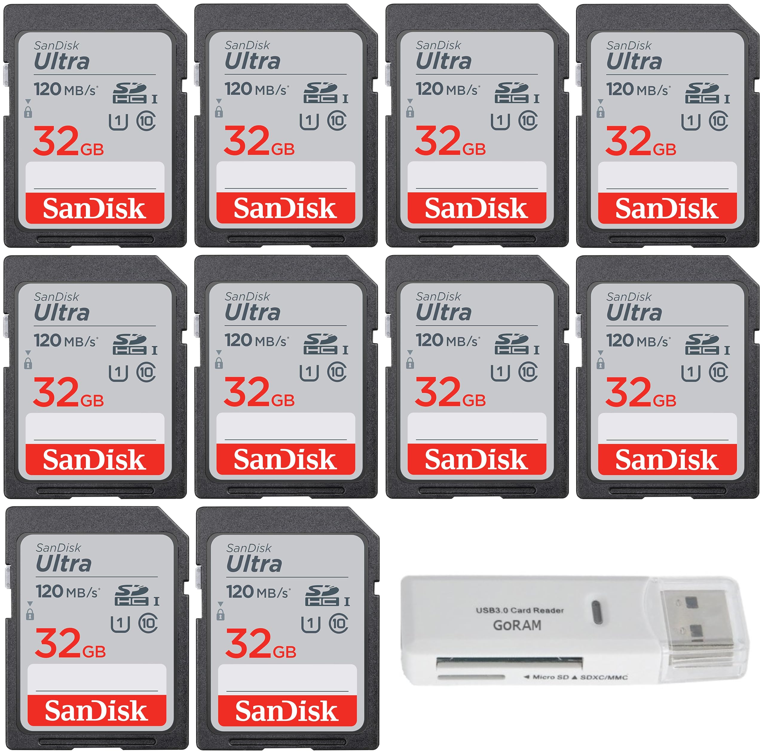 SanDisk 32GB Ultra SDHC UHS-I Class 10 Camera Card 120MB/s U1, Full HD, SD. C10 SDSDUN4-032G (10 Pack) Bundle with (1) GoRAM USB 3.0 Reader (32GB)