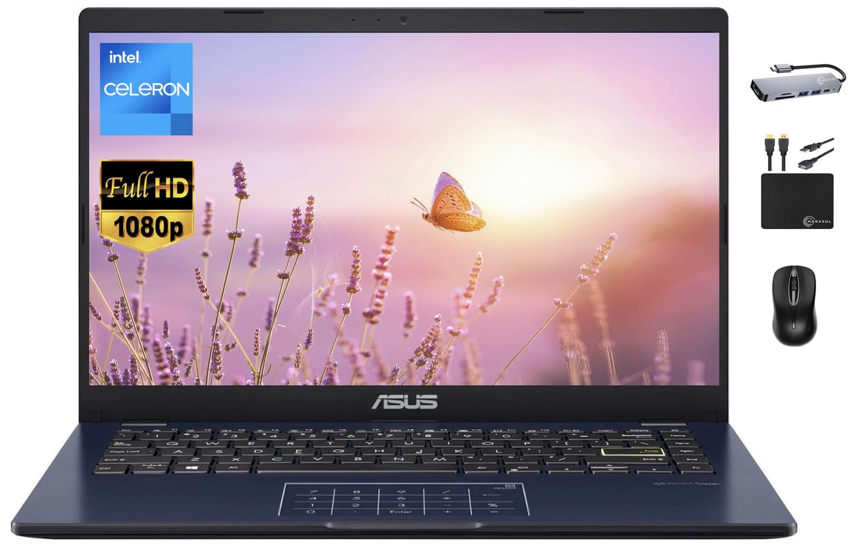 ASUS Vivobook Ultrathin Go Laptop 2024Newest, 14'' FHD Display, Dual-Core Intel Celeron N4500 (Upto 2.80GHz), 4GB RAM, 128GB (64GB eMMC+64GB SD), Webcam, Long Battery, Windows 11S +MarxsolAccessory