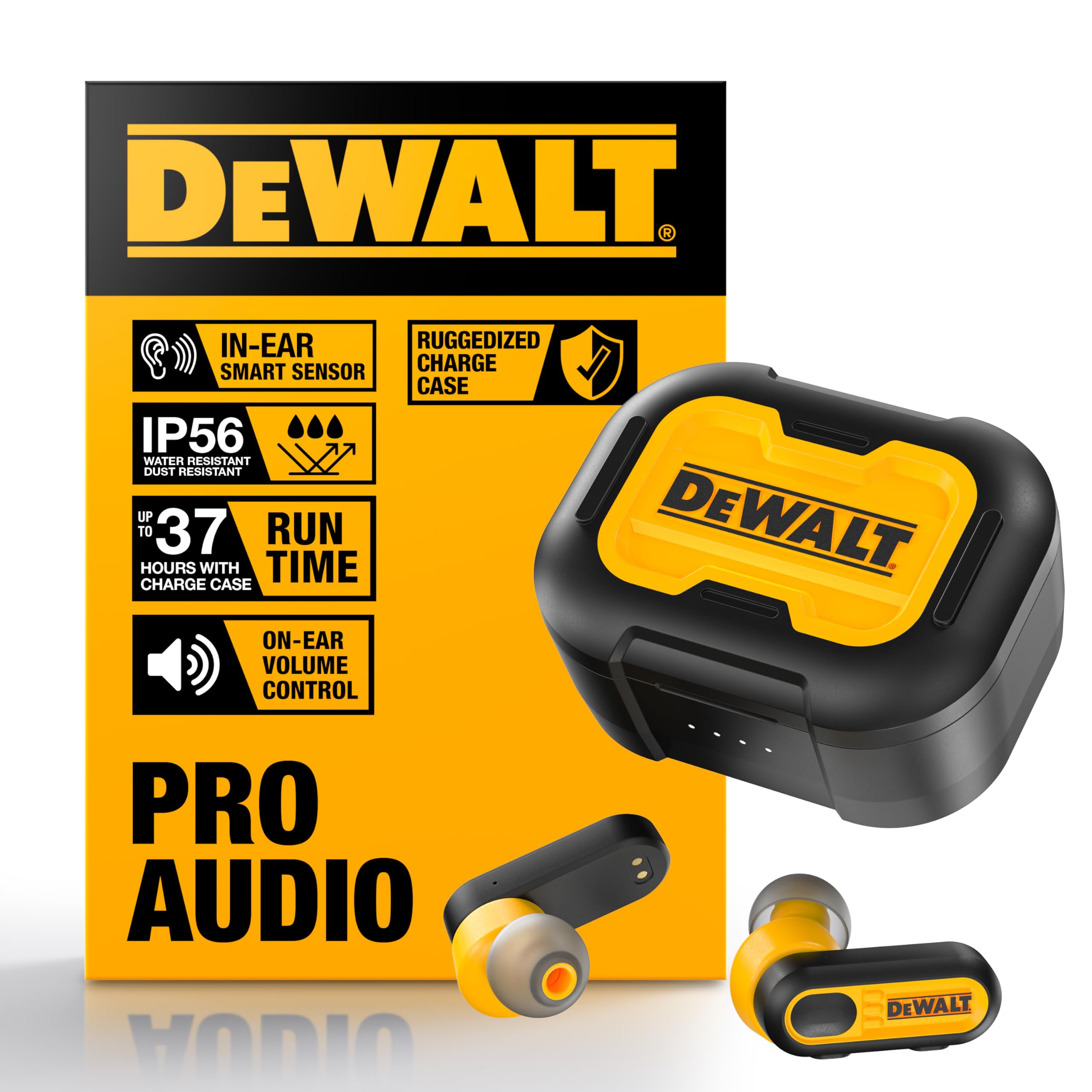 DEWALT Heavy Duty True Wireless Ear Buds, Bluetooth Headphones with Type C Charging Case Included, Over 30 Hours of Battery Life, Easy Setup for iPhone, Perfect for Jobsite, Outdoor Work, Yellow