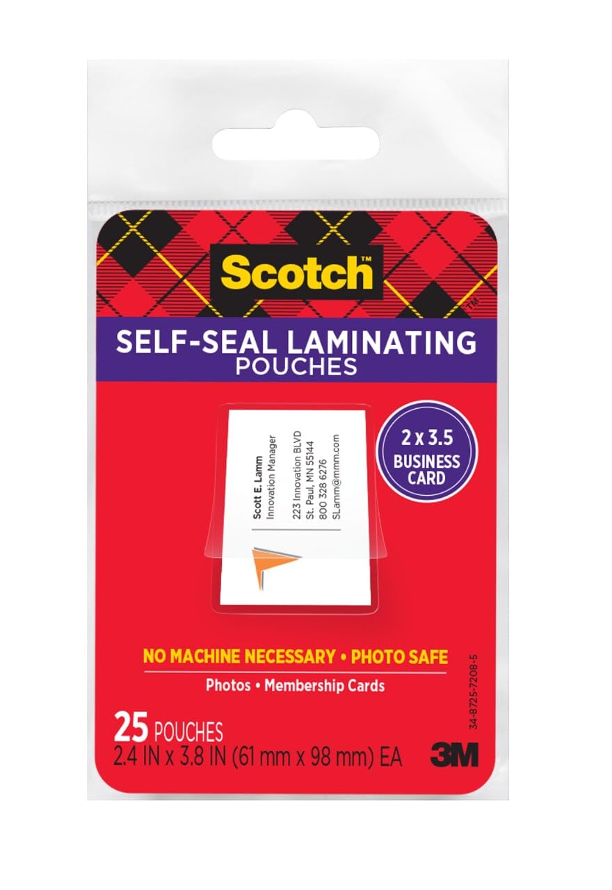 Scotch Self-Sealing Laminating Pouches, 2 in x 3.5 in Business Card Size, Great for Gift Tags, 25-Pack