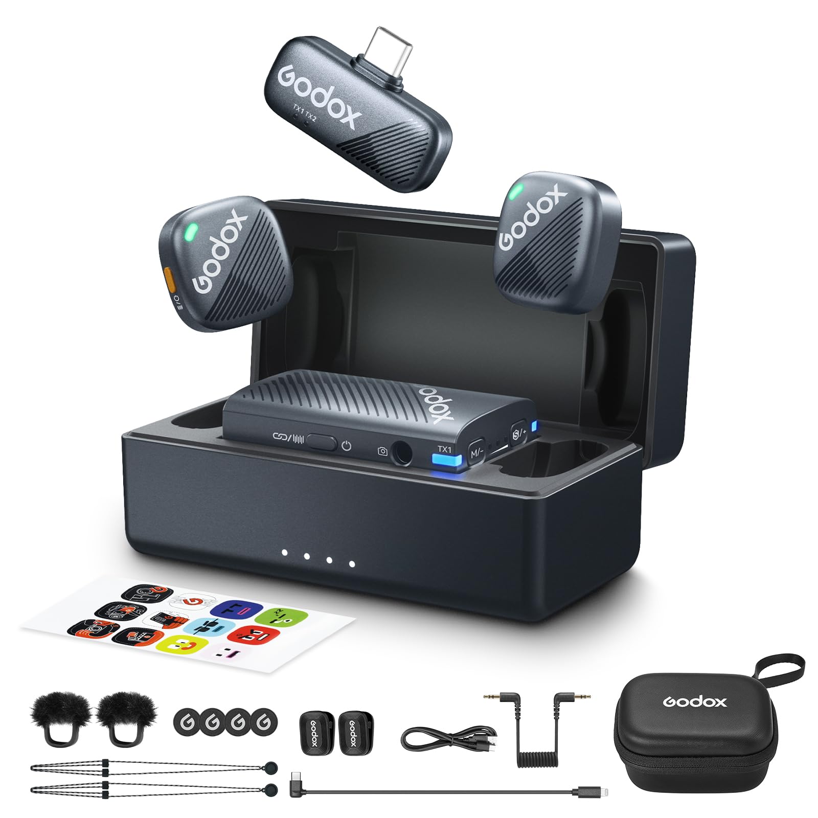 GODOX Cube-C Comb Kit 2 Wireless Microphone for Camera/PC/Android/iPhone, 48kHz/24bit Hi-Res Wireless Lavalier Microphones, 1000ft.(300m) 40H Battery,Double Audio Backup Mini Wireless Mic System