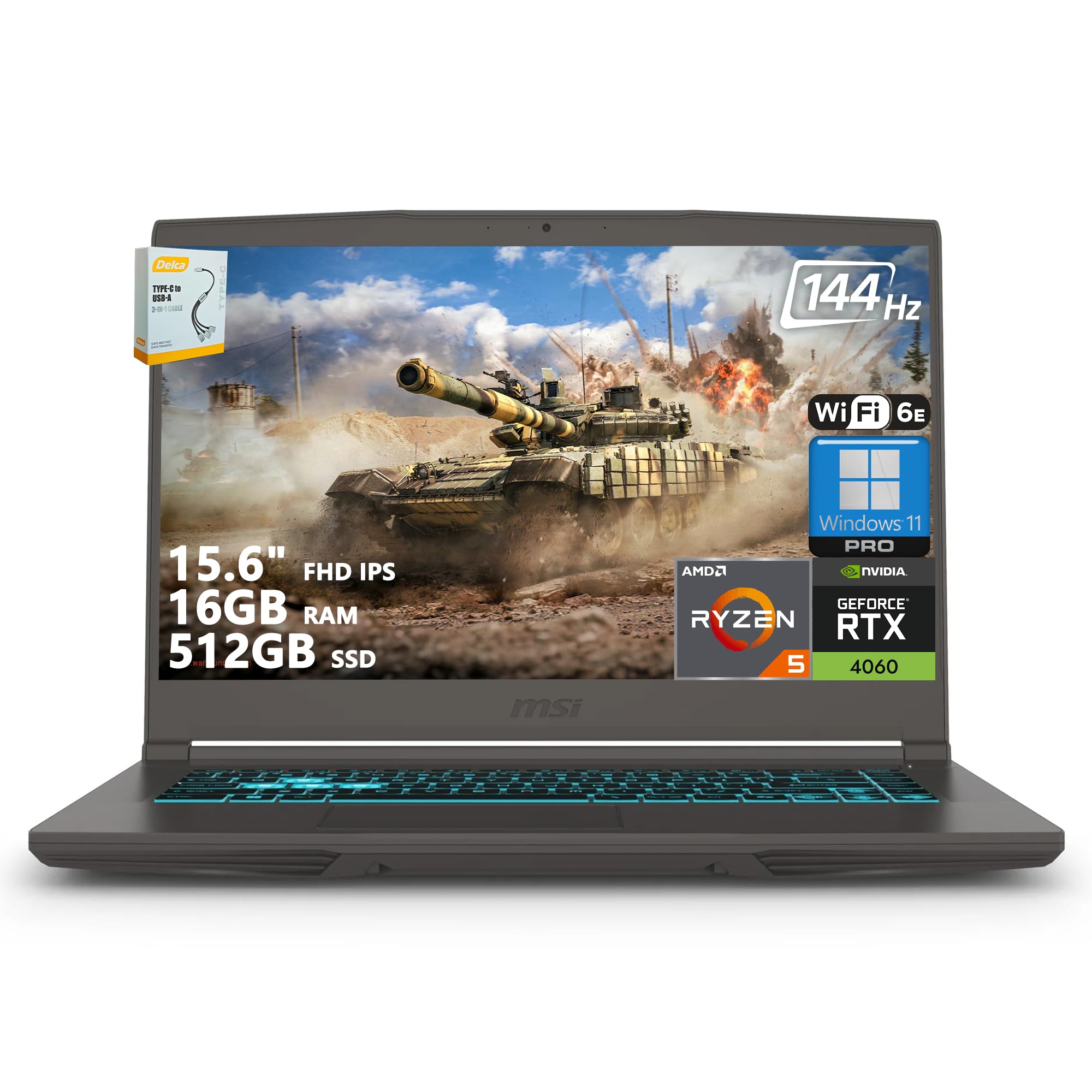 MSI Thin A15 Gaming Laptop | 15.6" FHD IPS 144Hz | AMD 6-Core Ryzen 5 7535HS | 16GB RAM 512GB SSD | GeForce RTX 4060 8GB GDDR6 | Backlit USB-C Wi-Fi 6E Win11 Pro w/DLCA Accessory