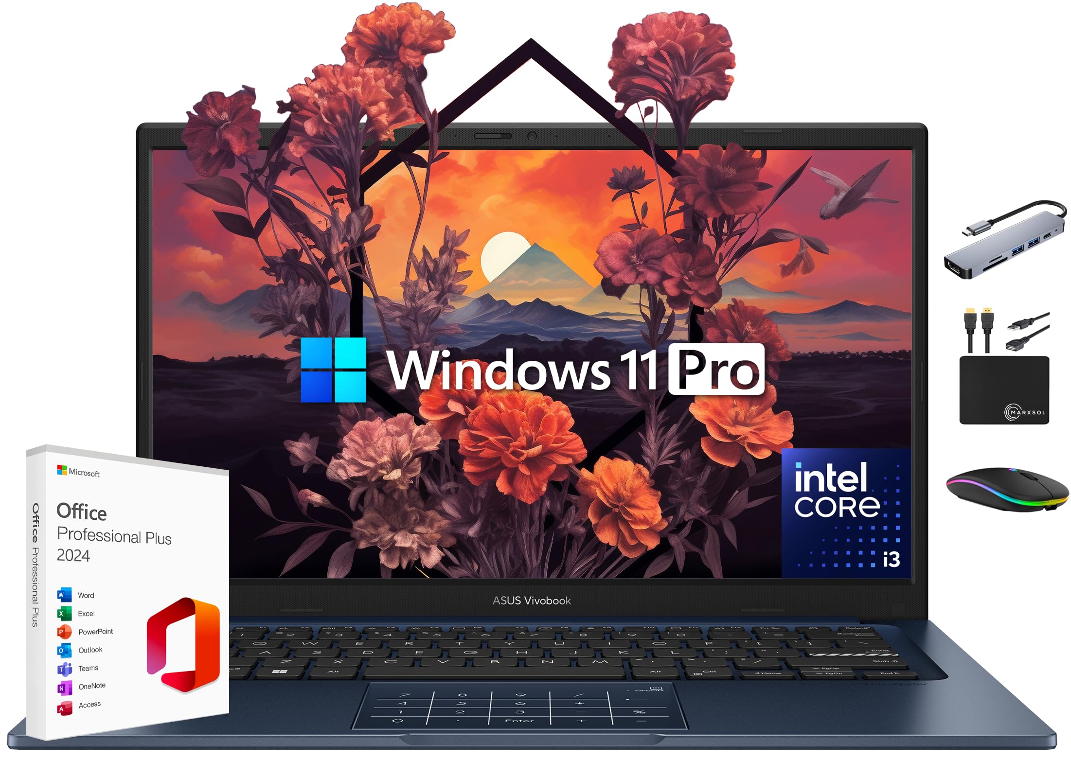 ASUS Vivobook Laptop 2025 Ultra Portable Business Computer, 14" FHD Display, 24GB RAM, 1TB Storage (512GB SSD + 500GB Ext), 6-Core Intel i3-1315U, MarxsolAccessory, Win 11 Pro, Lifetime Office 2024