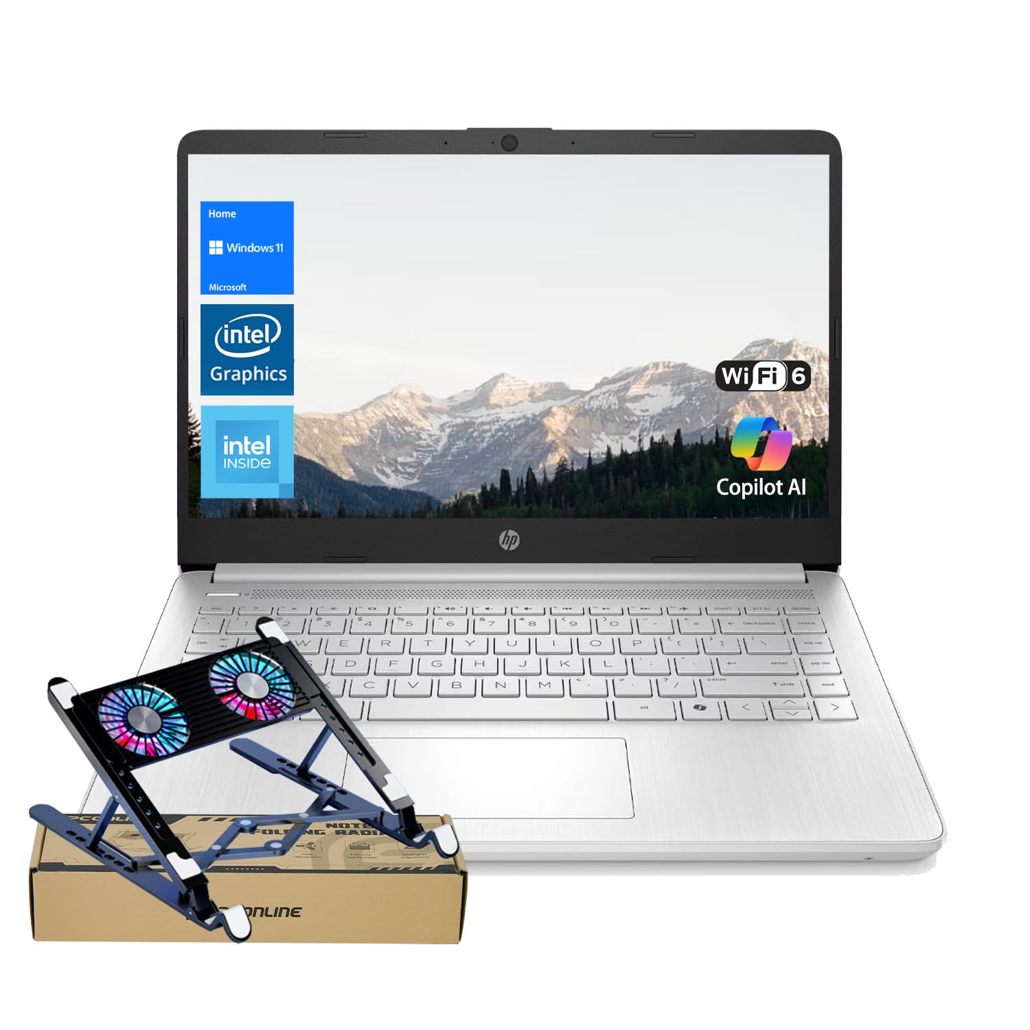 HP Premium 14" HD Laptop, Copilot AI, Intel N150, 8GB RAM, 128GB eMMC, SD Card Reader, Webcam, HDMI, Wi-Fi 6, Windows 11 Home, Silver, Bundle with PCO Notebook Fold Radiator, Cooler