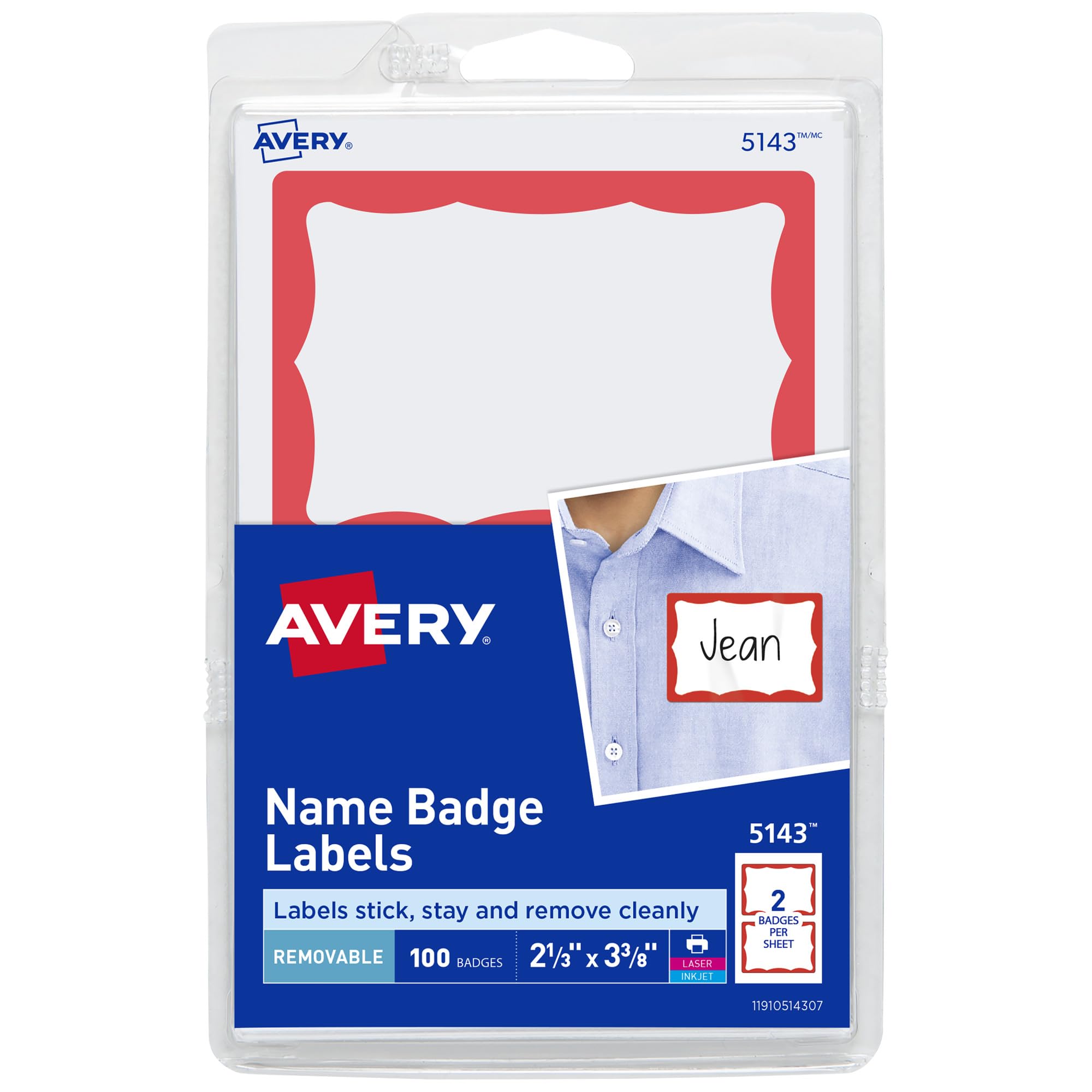 Avery Customizable Name Tags, 2-1/3" x 3-3/8", White with Red Border, 100 Removable Name Badges (05143)