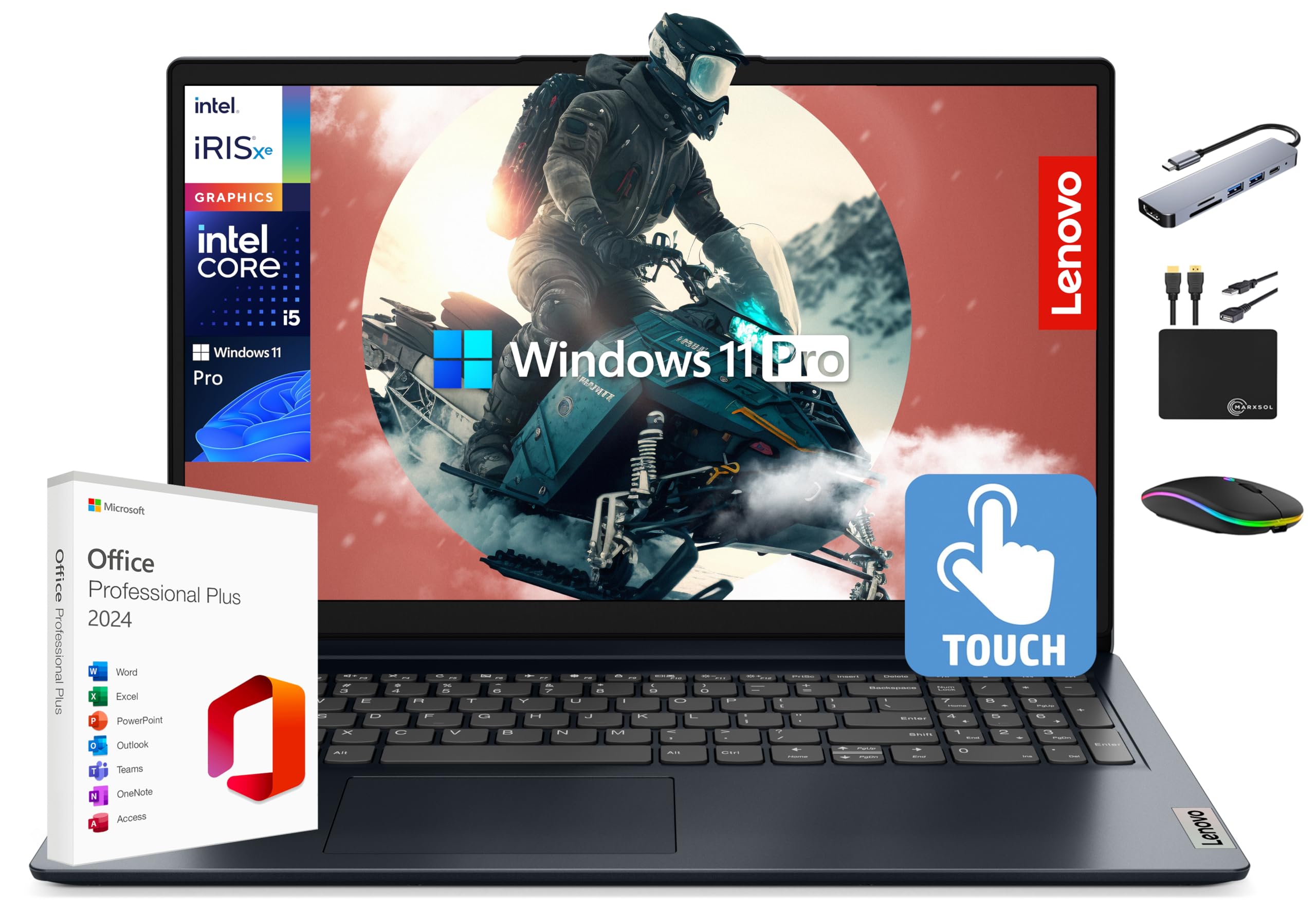 Lenovo IdeaPad Laptop Computer 2025, 15.6" FHD Touchscreen, 10-Core Intel i5, Intel Iris Xe Graphics, 40GB RAM, 1.5TB Storage (1TB SSD + 500GB Ext), MarxsolAccessory, Win 11 Pro, Lifetime Office 2024