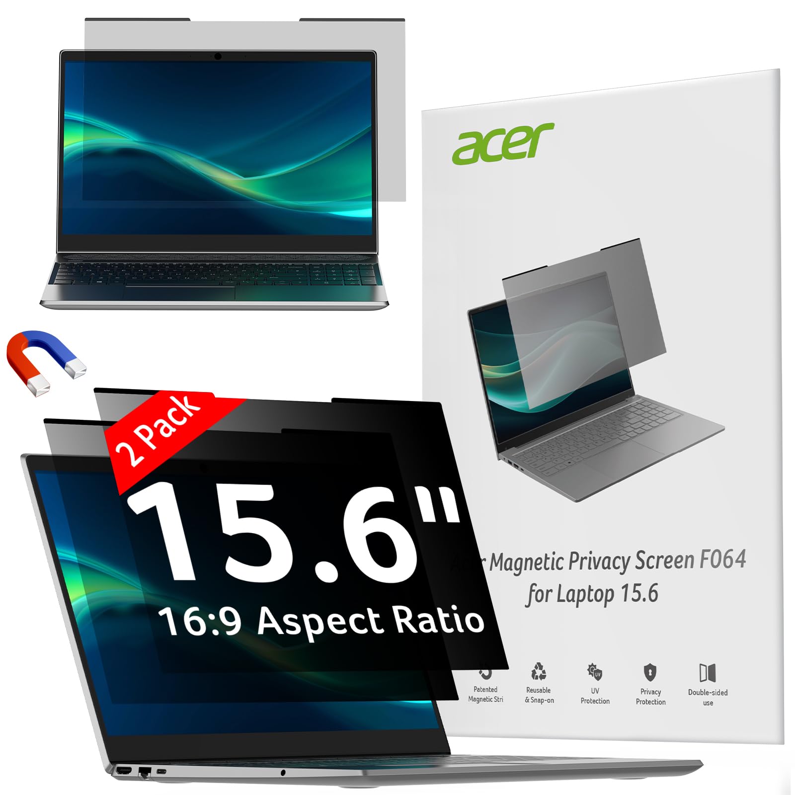 acer 2-Pack Laptop Privacy Screen - for Laptop 15.6 Inch 16:9, Magnetic & Removable Privacy Filter Shield, Anti-Glare Screen Protector, Dual-Sided Monitor Shield, for HP, Dell and Other Major Brands