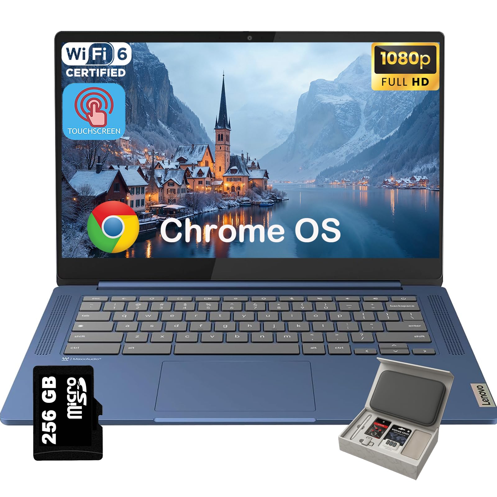 Lenovo IdeaPad Slim 3 Chromebook - 14'' Full HD Touchscreen Laptop, 8-Core MediaTek Kompanio 520, 4GB RAM, 64GB eMMC & 256GB Micro SD Card, Wi-Fi 6, for Business Student, Chrome OS, W/Accessories