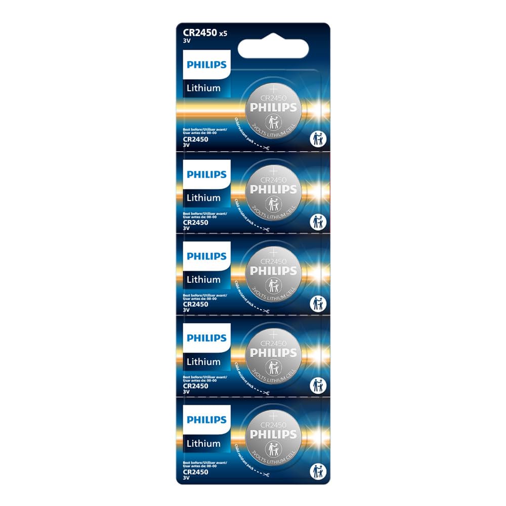 PHILIPS CR2450 Battery, [5-Pack] cr2450 3v Lithium Coin Cell Batteries, Long-Lasting 2450 batteries, 10-Year Shelf Life, CR 2450 Battery for Car Key Fob, Medical Devices, MyQ battery, Remote Controls.