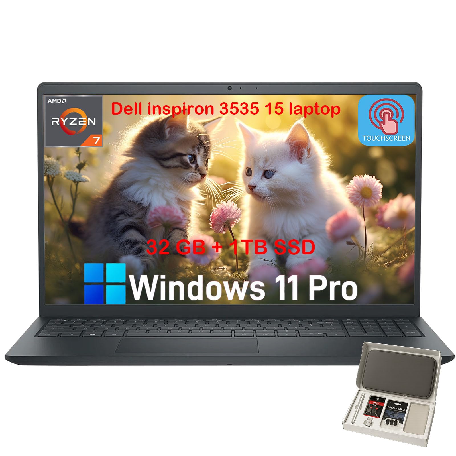Dell Inspiron 15 3535 Touchscreen Laptop Computer for Business Student, 32GB RAM, 1TB SSD, Windows 11 Pro, AMD Ryzen 7 7730U, 15.6" WVA LED FHD Anti-Glare Display, Numeric Keypad, with Accessories