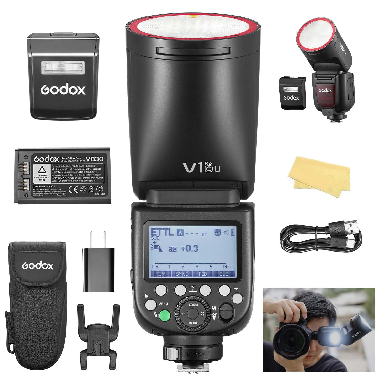 Godox V1 Pro C V1Pro-C USA Version Flash for Canon Camera TTL Round Head 2980mAh 76W Battery 500 Full Power Flashes E-TTL 1/8000s HSS 1.3s Recycle Time 2.4G Wireless LED Modeling Lamp