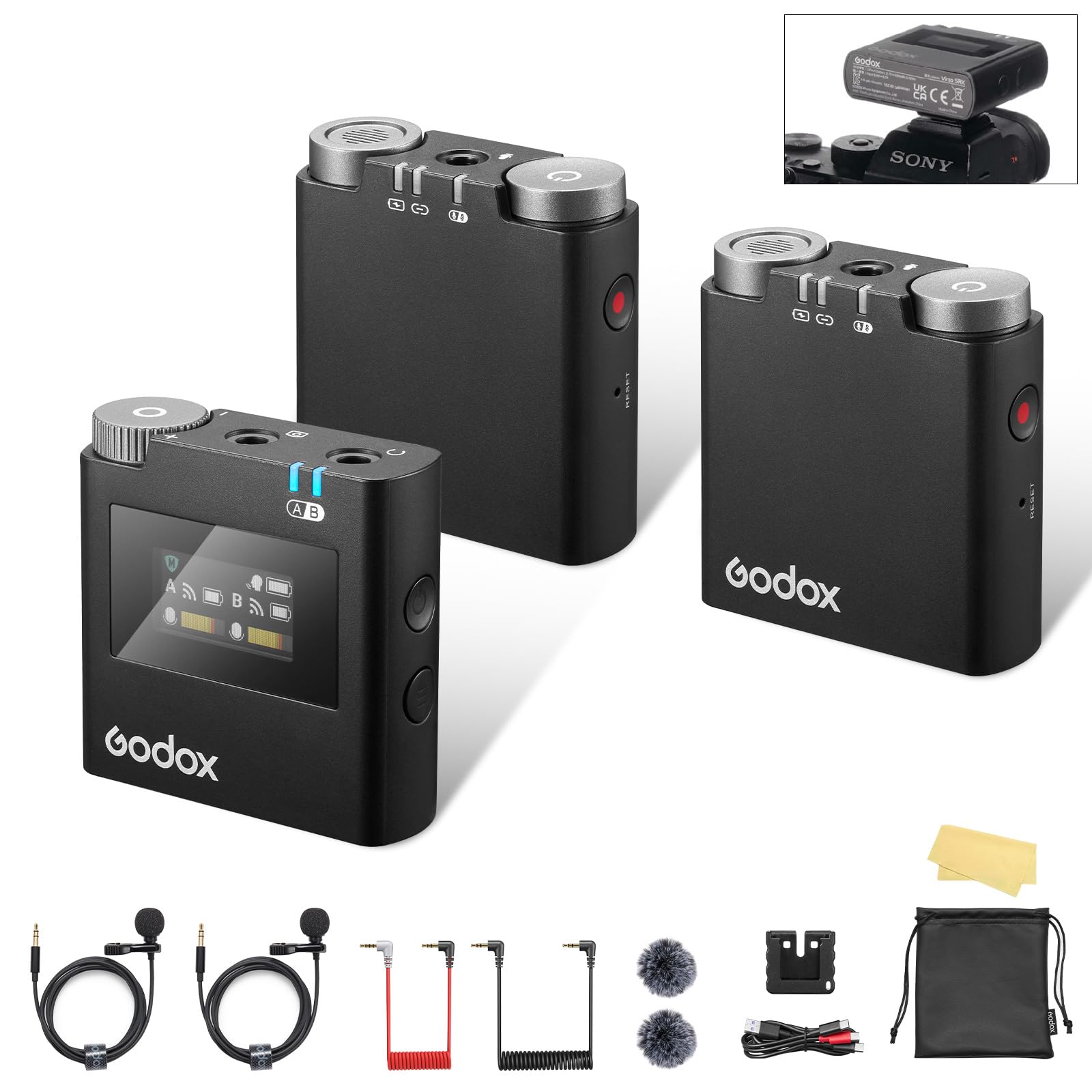 GODOX 【2025 Latest Model】 Virso S M2 Wireless Lavalier Microphone System, Mic Kit for Sony Camera with Sony Hot Shoe,2.4GHz Dual Channel Screen Rotation Noise Cancelling for Interview,Beginners
