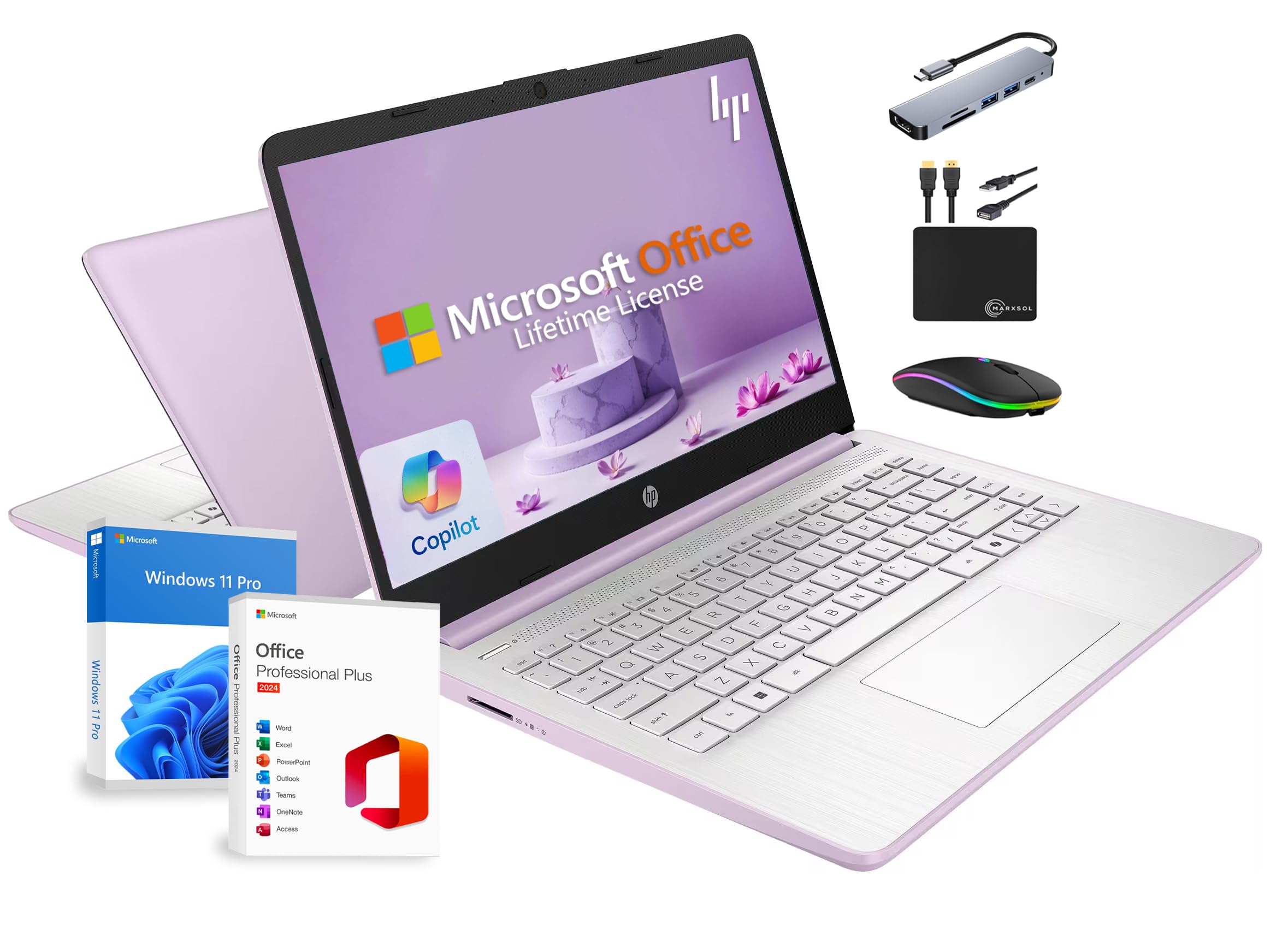 HP 14" Laptop 2025 Business Student Slim Computer, Lifetime MS Office, Copilot AI, Quad-Core Intel CPU, 16GB RAM, 628GB Storage (128GB UFS+500GB Ext), MarxsolAccessory, Wi-Fi 6, Win 11 Pro, Lavender