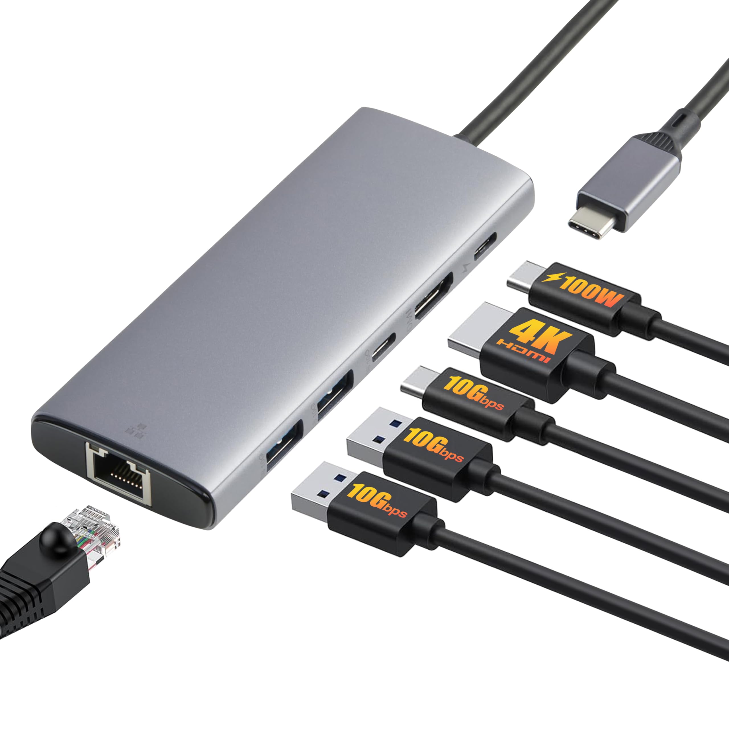 Amazon Basics 6-in-1 USB-C 3.2 (10G) Hub, 1 USB-C 100W PD Input, 2 USB-A, 1 USB-C, HDMI 4K, Ethernet, Light Grey, 11.94 x 4.6 x 1.5cm