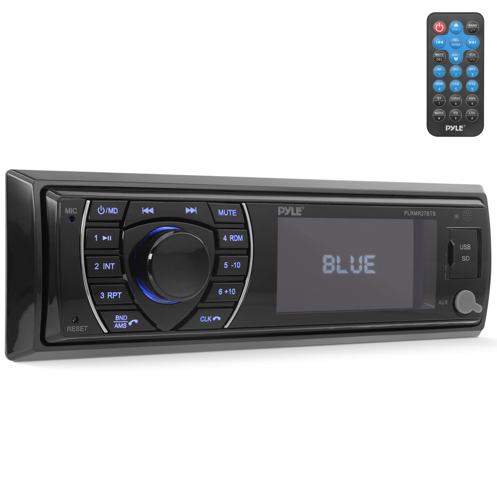 Pyle 300W Bluetooth Marine Stereo Receiver - Single DIN In-Dash AM/FM Radio with USB/SD - AUX - MP3 - Built-in Mic - EQ - Wireless Music Streaming - Remote - 12V - PLMRM29BT