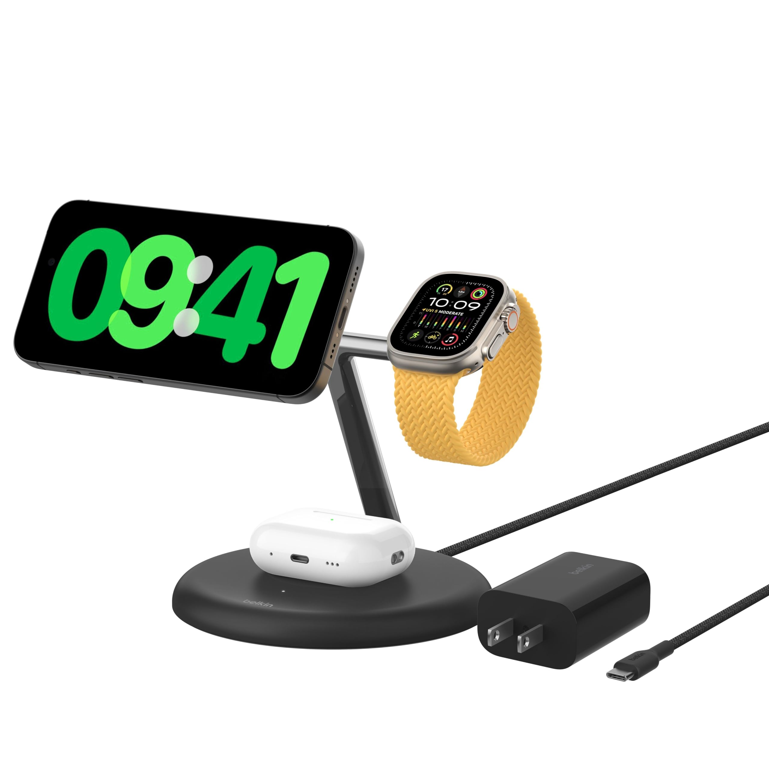 Belkin MagSafe-Compatible 3-in-1 Wireless Charger Stand 15W - Qi2-Certified Wireless Charging Station, Fast Charging of iPhone 16, AirPods, & Apple Watch - 36W Included - Black