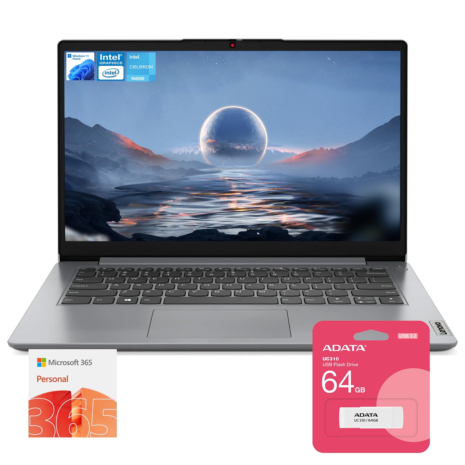 Lenovo IdeaPad 1 Daily/Student 14" HD Laptop, 12GB RAM, 448GB Storage(128GB eMMC + 256GB PCIe + 64GB USB), 1 Yr Office 365, Intel Core Processor, Win 11 Home, Bundle with UC310 64GB USB Flash Drive