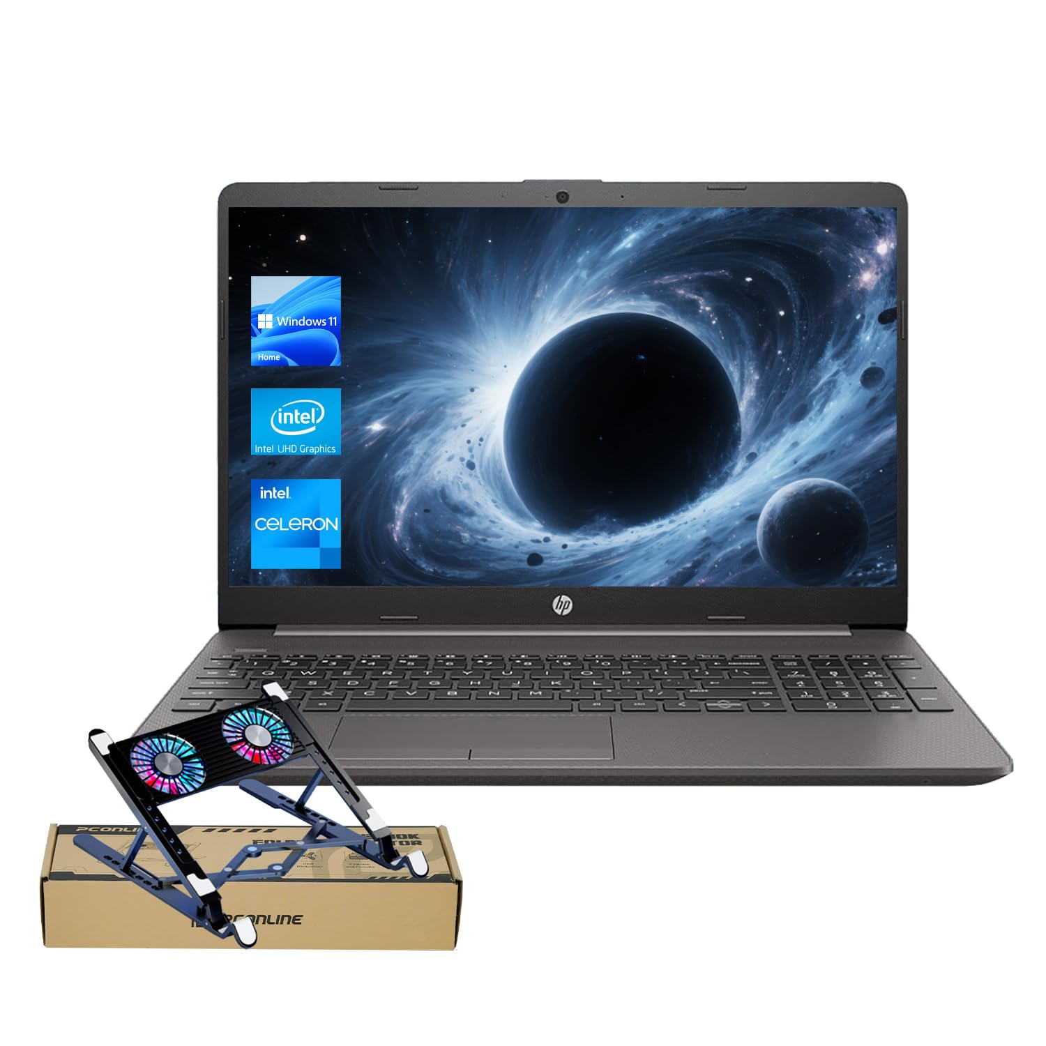 HP Premium 255 G9 15.6" HD Laptop, Intel Core Processor, 8GB RAM, 256GB SSD, Webcam, SD Card Reader, HDMI, RJ-45, Wi-Fi, Windows 11 Home, Black, Bundle with PCO Notebook Fold Radiator, Cooler