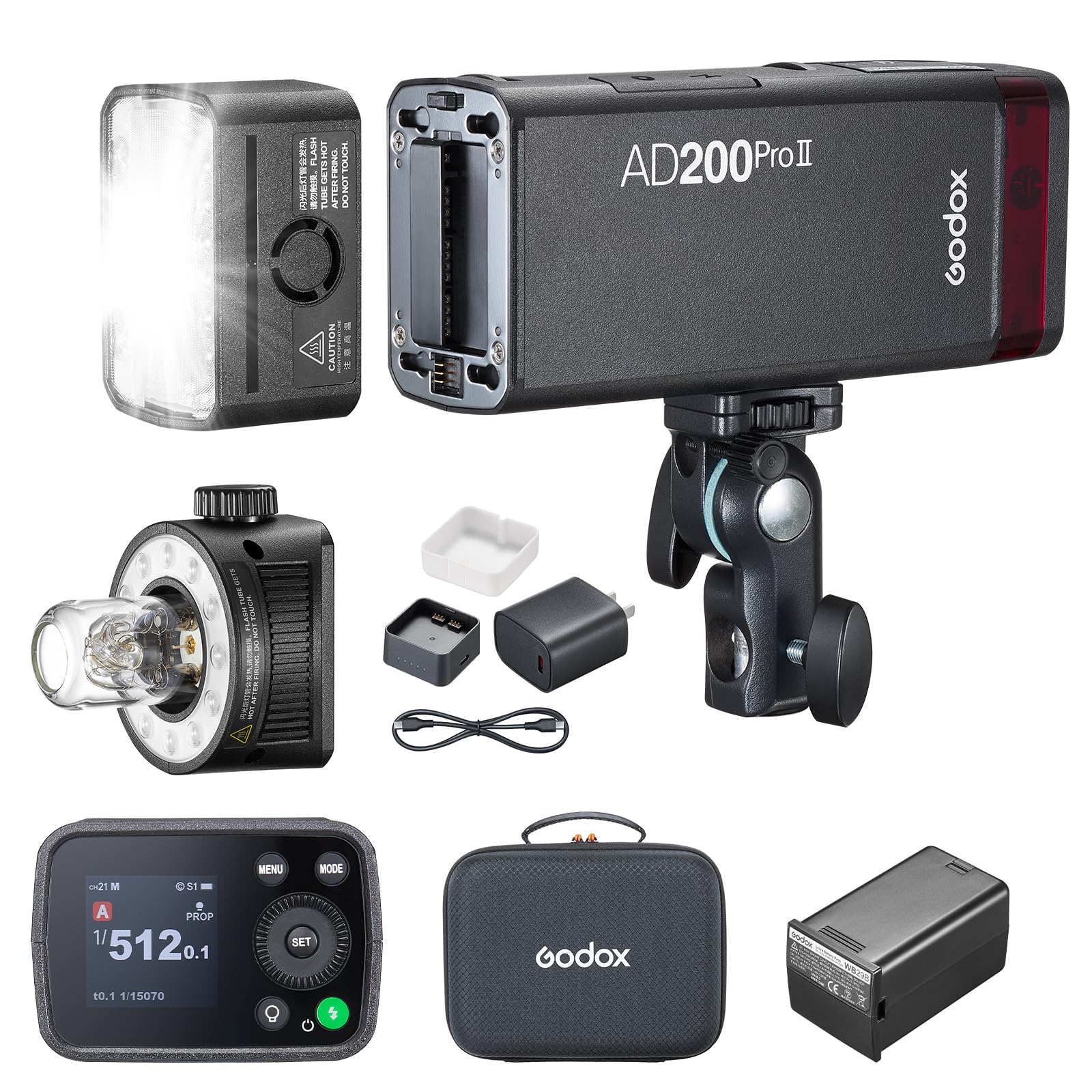 Godox AD200 Pro II TTL HSS Pocket Flash Strobe Kit, 2.4G 200Ws 500 Full Power Flashes, 0.01~1.8s Recycle Time, 2980mAh Battery, Upgrade Bare Bulb & Speedlite Fresnel Flash Head