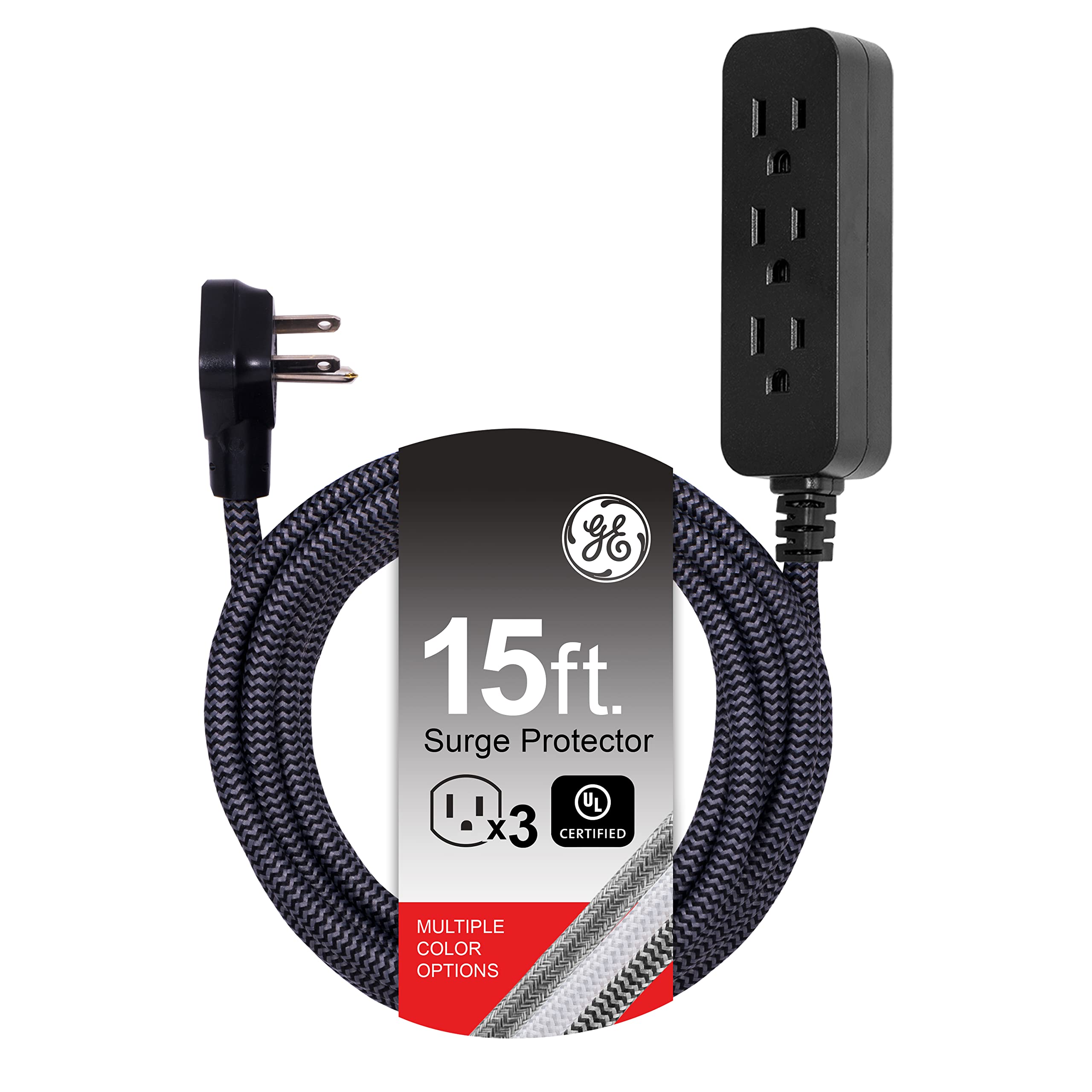 GE 3-Outlet Power Strip Surge Protector 15 Ft Braided Long Cord Extension Cord Surge Protector Power Strip Flat Plug Extension Cord 250 Joules UL Listed Black 44237