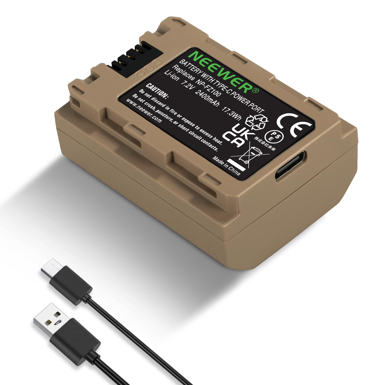 Neewer NP-FZ100 2400mAh Battery for Sony A7R V A7S III A7 IV, USB-C Charging Cable, Compatible with Sony ZV-E1, FX3, FX30, A1, A9,A9 II, A6600, A7C